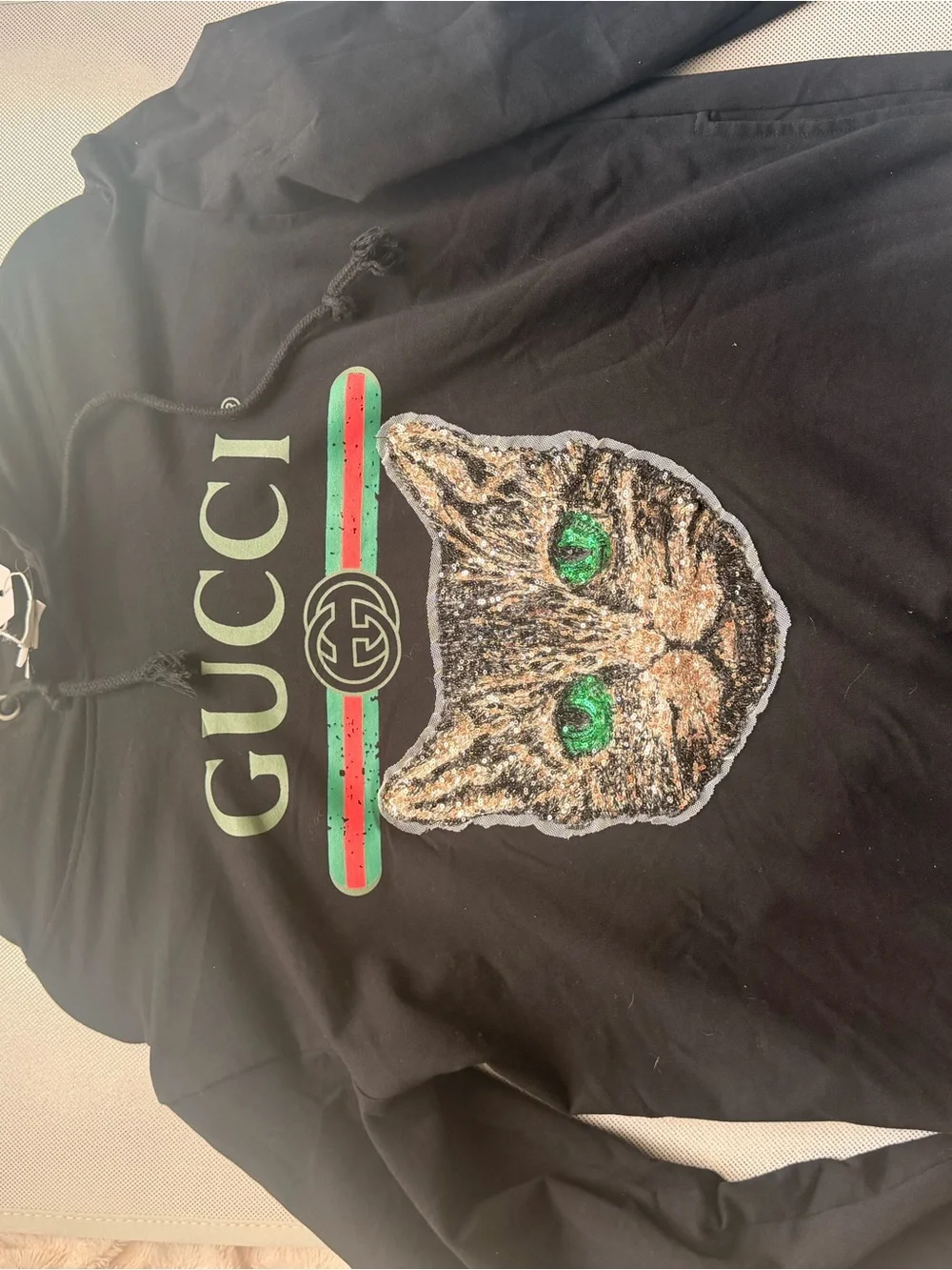Gucci Black Hoodie with Gold Logo and Green-Accented Cat